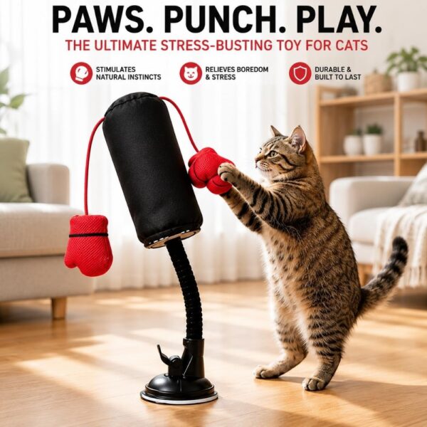 Cat Punching Bag Toy, Interactive Wobble Cat Boxing Toy with Dangling Boxing Gloves